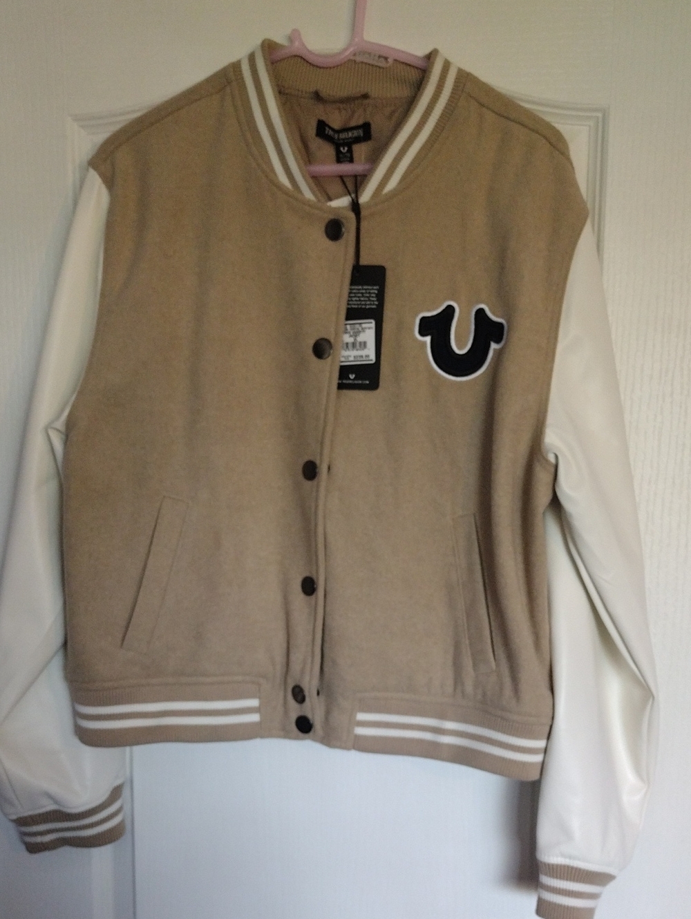 True Religion Tan & White Varsity Bomber Jacket